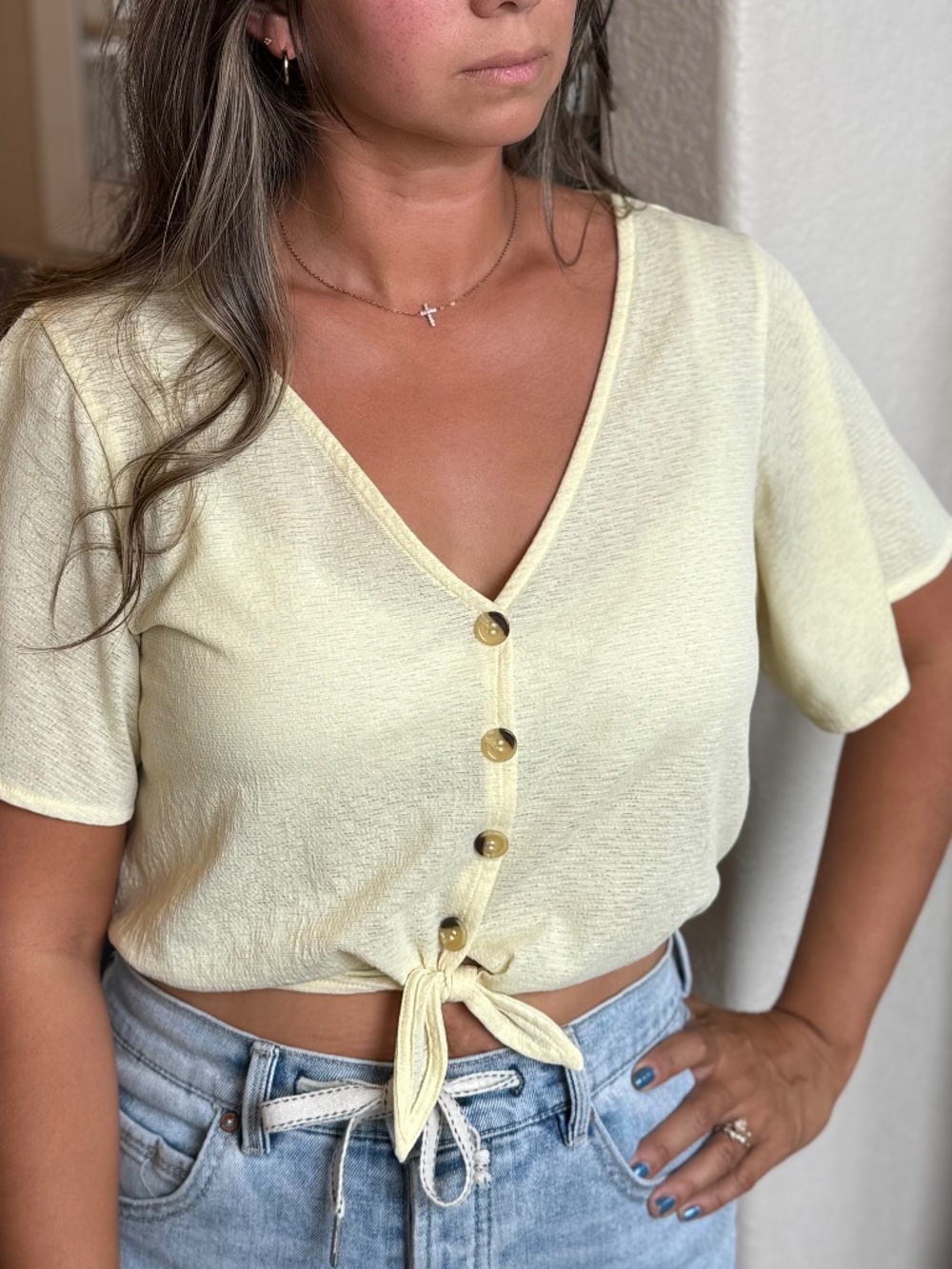 Divided Yellow Button Up Tie Front Top